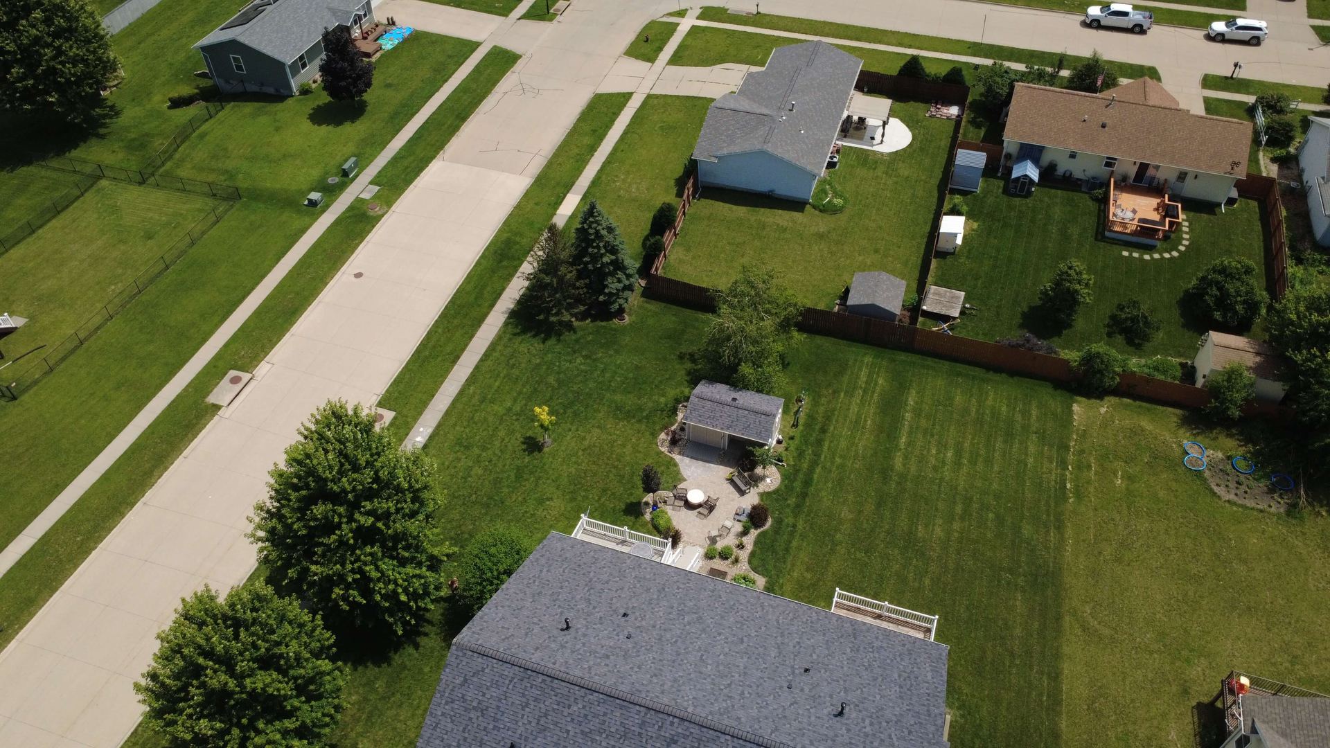 Overhead aerial view of a completed roof in North Liberty, Iowa