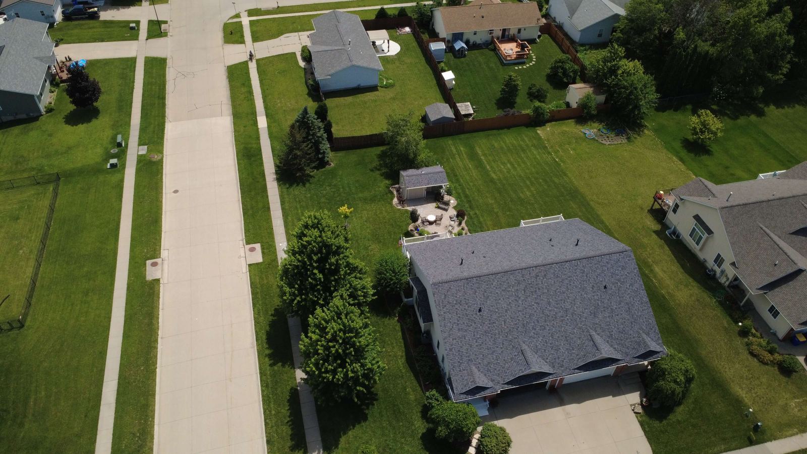 Neighborhood and lakefront from above, aerial drone photo